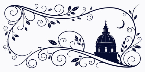Architectural dome framed by botanical swirls and a crescent moon in dark blue architecture building © SHARI