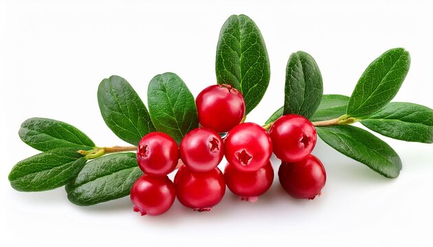 Close Up Of Twig Of Lingonberry Cowberry Bearberry Red Bilberry Whortleberry Foxberry Huckleberry Fruits Of Vaccinium Vitis Idaea With Ripe Red Berries Green Leaves On White Background Isolated