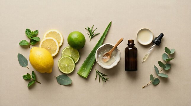 Natural skincare ingredients flat lay with lemon lime aloe vera and essential oil bottle