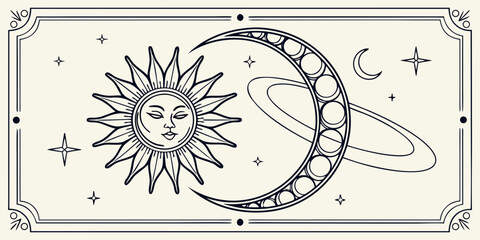 A sun face and a crescent moon with planetary rings in a decorative rectangular frame on a light beige background, with star © SHARI