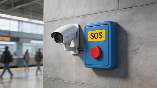 Surveillance camera and SOS button on wall