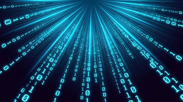Digital Data Flow: A luminous stream of binary code cascades through a virtual space, representing the rapid movement of information and the complexity of modern technology.
