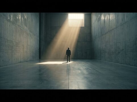 Lone Figure Standing in Beam of Light Inside Empty Concrete Room, Recovery and Hope Concept