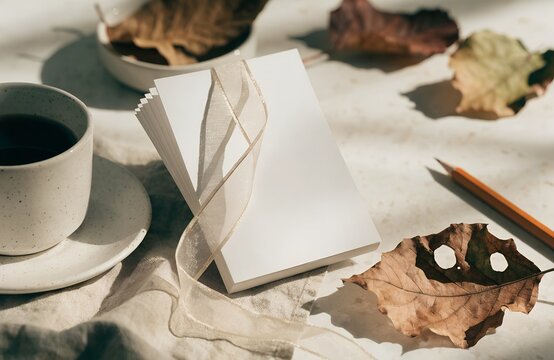 Minimal autumn desktop with blank calendar coffee cup and dried leaves