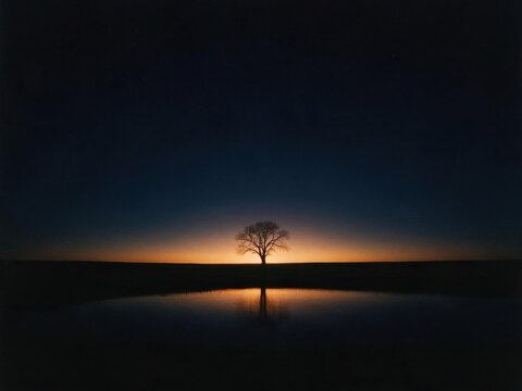 Lone Tree Silhouette at Dusk Reflected in Still Water Symbolizing Resilience