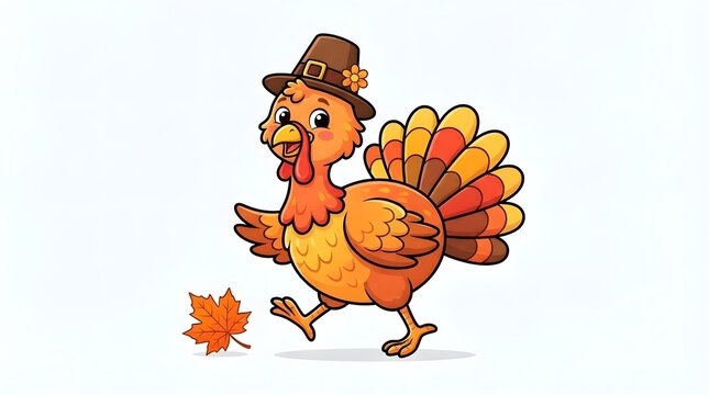 A cute cartoon turkey wearing a pilgrim hat walking next to an autumn leaf for a happy thanksgiving celebration design on a white background isolated