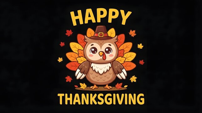 A cute cartoon owl dressed as a turkey with colorful autumn leaves and a festive hat wishing everyone a very happy thanksgiving celebration this fall season