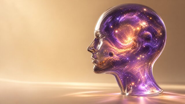 Glass Head Silhouette With Cosmic Galaxy Inside, Mind Universe Mental Wellness Concept