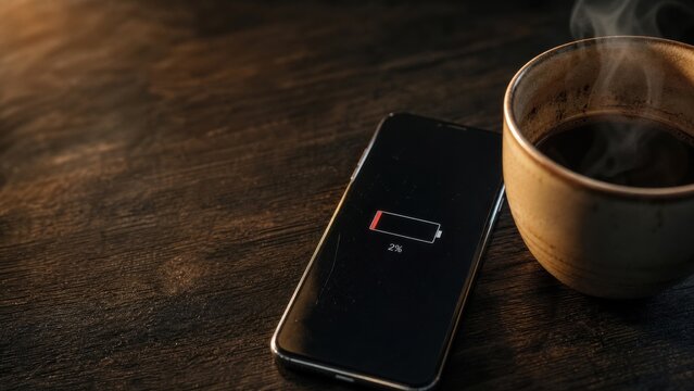 Phone Battery at 2 Percent Beside Coffee Cup, Burnout and Exhaustion Metaphor