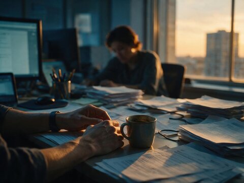 Tired Hands Resting Beside Coffee Cup Amid Stacks of Paperwork, Office Burnout Concept