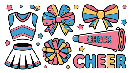 Obraz premium Cheerleader Elements with Uniform, Pom Pom, Megaphone and Hair Bow, Cute Cartoon Sports Accessories Vector Illustration
