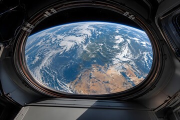 Fototapeta premium Earth Viewed Through an Orbital Cupola Window, Ultra Realistic Space Station Perspective for Aerospace and Editorial Use