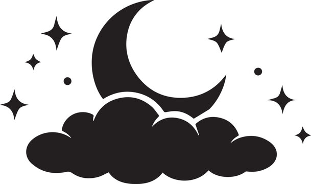 Black crescent moon with clouds and stars icon Vector, illustration