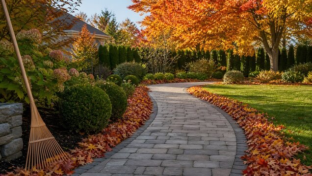Curved stone paver walkway surrounded by autumn landscape and vibrant fall foliage.