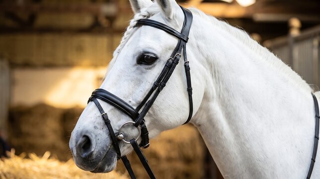 White horse head portrait with black leather bridle, majestic grey stallion in rustic stable, equestrian sports and dressage horse concept