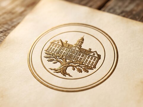 Embossed golden emblem featuring classical university building and oak tree inside circle on parchment.