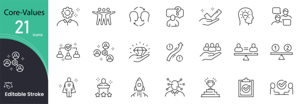 Core values icons set representing integrity, teamwork, leadership, trust, accountability, ethics, organizational culture and professional excellence. Editable Stroke.