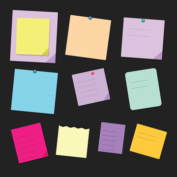 Set of colorful sticky notes and paper memos pinned on a dark office wall background