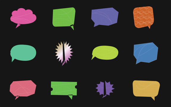 Set of colorful hand drawn speech bubbles and thought clouds in different shapes and sizes