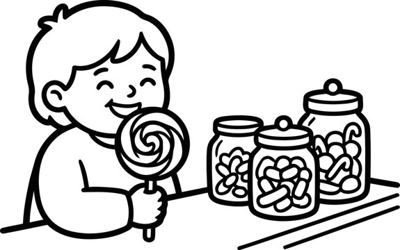 Happy boy eating lollipop with jars of candy on table, black and white illustration