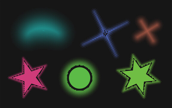 Colorful halftone geometric shapes and stars with pixelated texture on dark background
