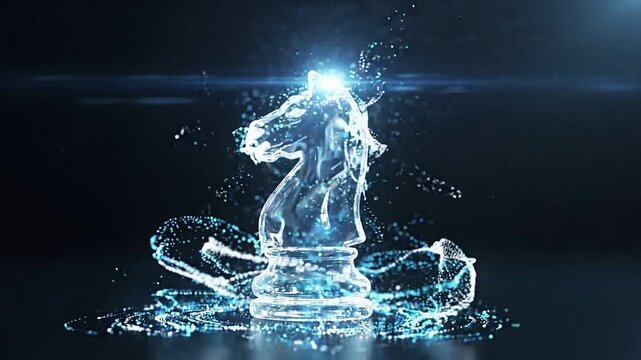 Digital particle chess knight emerging from blue glowing dust. Animated strategic board game piece forming from light. Abstract technology and business concept.