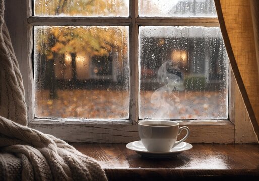 Steaming coffee cup on wooden windowsill with rainy autumn view outside