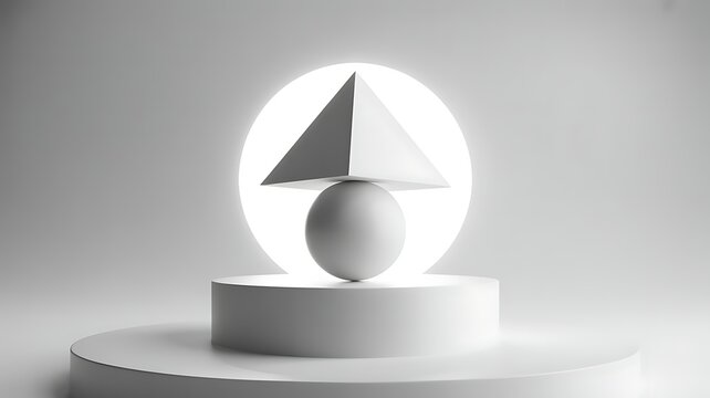 Minimalist 3d rendering of a white geometric pyramid on a sphere atop a circular pedestal