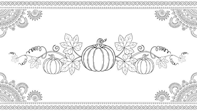 Autumn pumpkin vine line art coloring page with ornate mandala borders and decorative elements