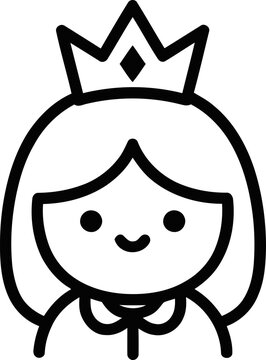 Cute Cartoon Princess Icon with Crown and Royal Cape, Simple Line Art