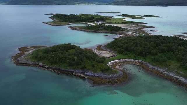 Beautifull islands with blue water in lofoten norway filmed by drone