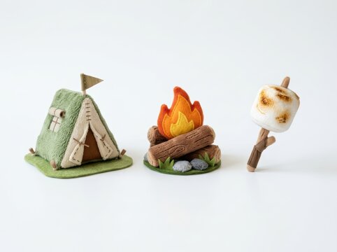 Camping icons in plush style featuring theme cozy tent small campfire toasted marshmallow