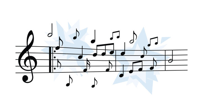 Artistic musical notes and treble clef symbol placed on a five-line staff decorated with blue starbursts in the background.
