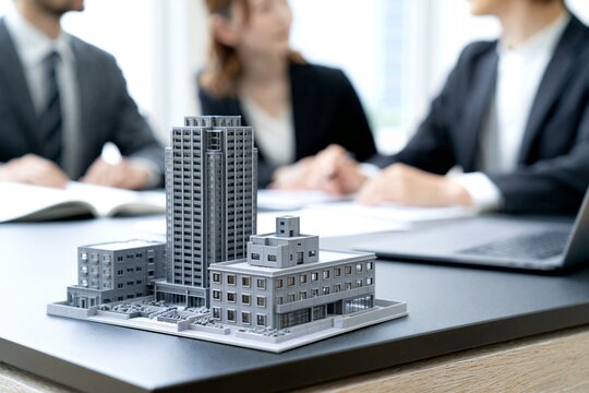 建築模型を囲んでビジネスパーソンが会議する不動産開発プロジェクトの様子