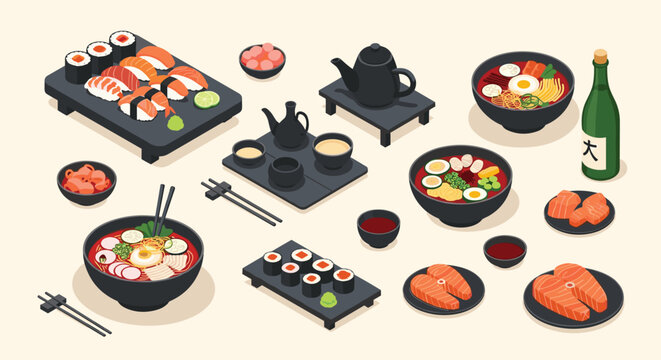 Large collection of Japanese dishes including ramen bowls, sushi platters, salmon sashimi, sake, and tea set, vector.