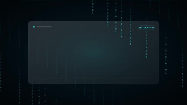 Futuristic dark digital technology background template with glassmorphism card frame and glowing binary matrix code elements