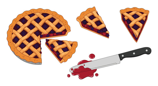 Traditional homemade berry lattice pie with slices and a bloody red jam knife on a white background, vector.