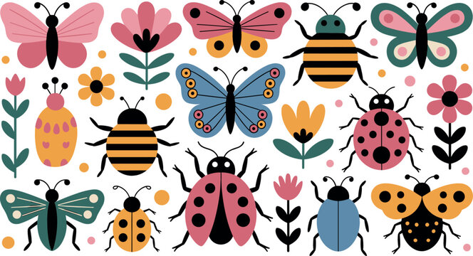 Cute Insect and Spring Flower Vector Icon Set with Decorative Butterflies, Ladybugs, Bees, Beetles, and Blossoms for Pattern and Graphic Designs