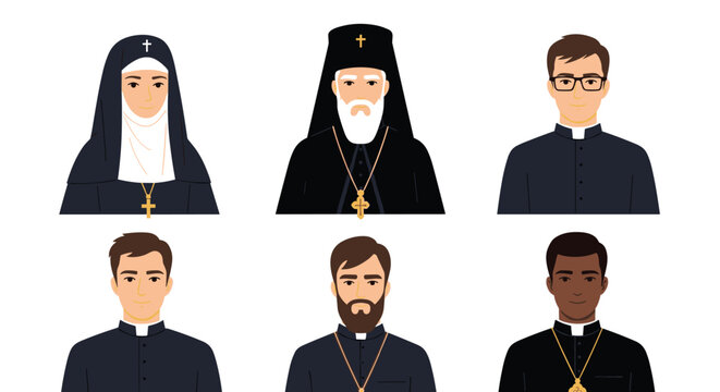 Diverse collection of religious figures avatars, featuring a Catholic nun, Orthodox priest, and parish priests.