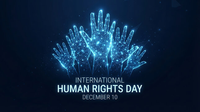 Digital network illustration depicting raised human hands symbolizing unity advocacy global equality awareness with constructed interconnected points