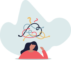 Decision fatigue and tired female with confusion struggle .life situation and activities.
