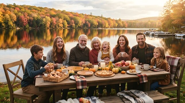 A happy thanksgiving celebration with a multi generational family eating a festive outdoor dinner by a scenic lake during a beautiful golden autumn sunset evening