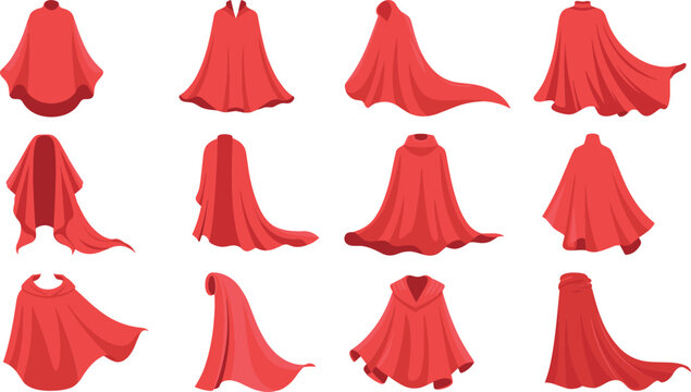Red Superhero Cape Vector Icon Set Featuring Various Waving Cloaks Hooded Mantles and Costumes for Fantasy Characters Cosplay and Graphic Designs