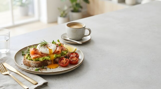 Smoked Salmon Avocado Toast With Poached Egg Healthy Gourmet Breakfast On Rustic Plate