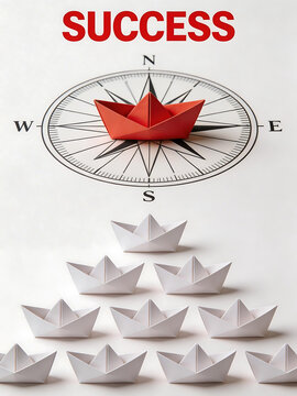 Origami boats and compass with success text