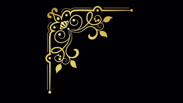 Elegant Golden Decorative Corner Ornament Animation on Black Background.