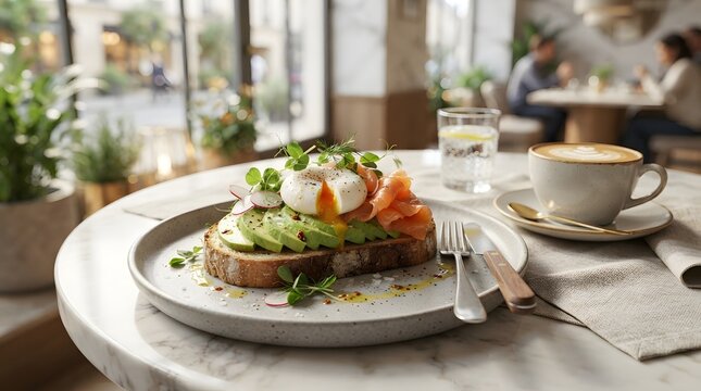 Smoked Salmon Avocado Toast With Poached Egg Healthy Gourmet Breakfast On Rustic Plate