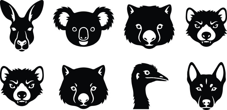 Australian Wildlife Animal Head Silhouette Icon Set with Kangaroo, Koala, Wombat and Dingo Faces