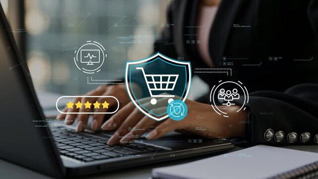 Businesswoman managing retail collaboration platform with animated shopping cart shield icon, customer engagement, secure commerce workflows and business performance