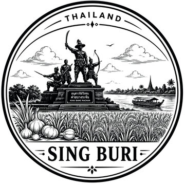 Sing Buri Thailand Emblem with Historical Monument and Agricultural Elements